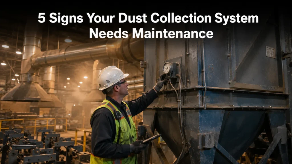 5 signs your dust collection system needs maintenance — hero image of an industrial baghouse dust collector.
