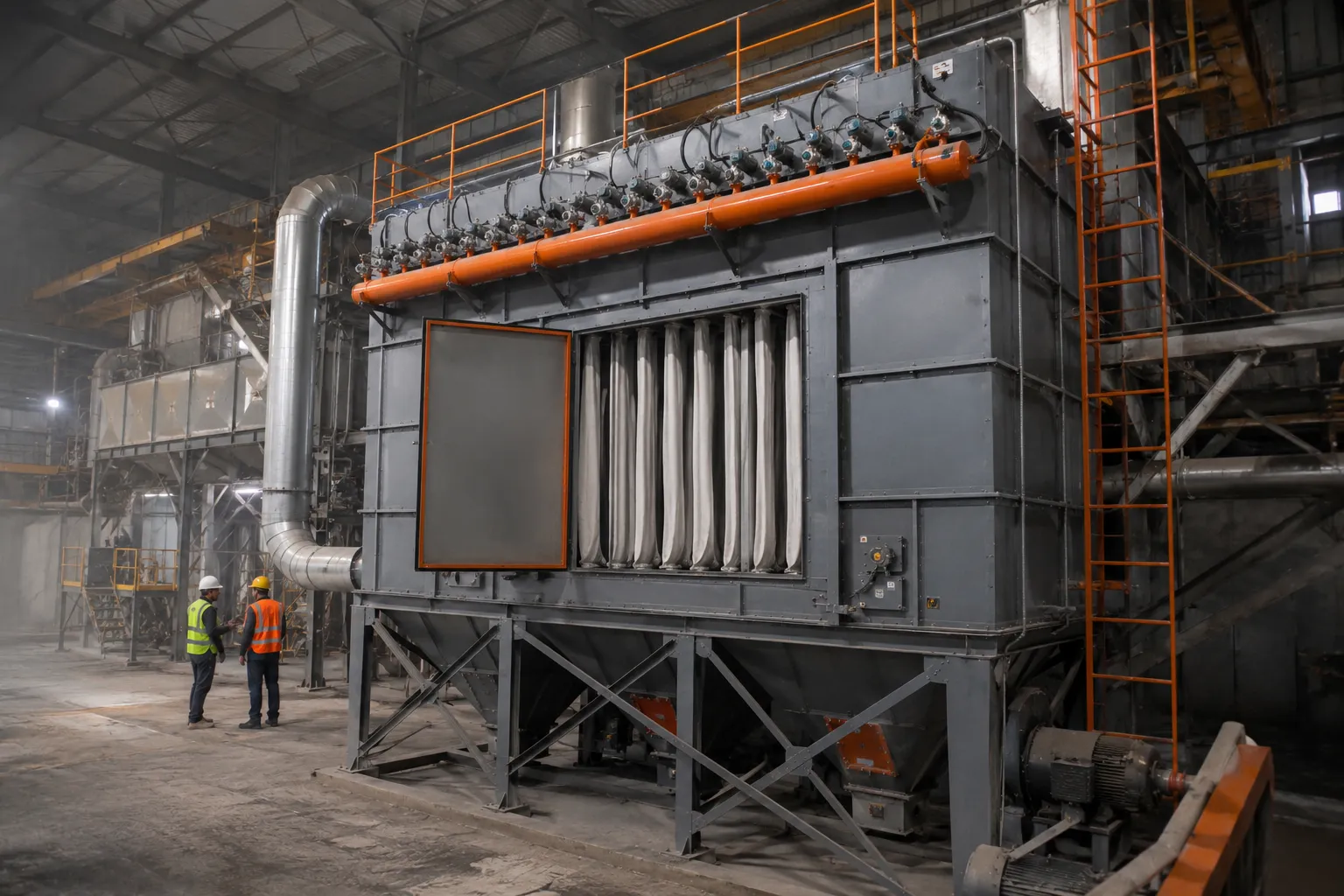 Baghouse bag filter dust collector installed at a cement and foundry industrial plant