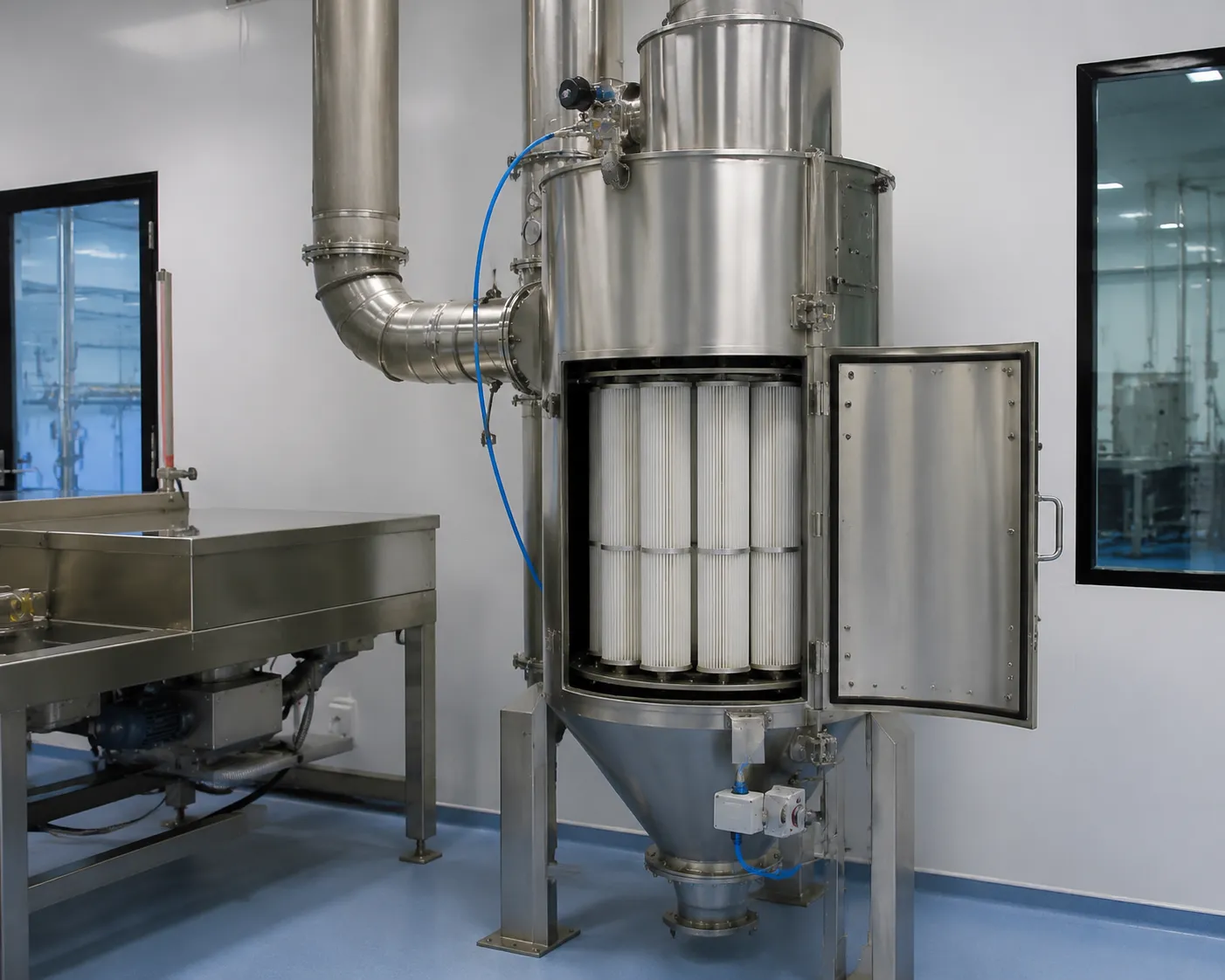 Compact cartridge dust collector for pharmaceutical and food processing facilities.