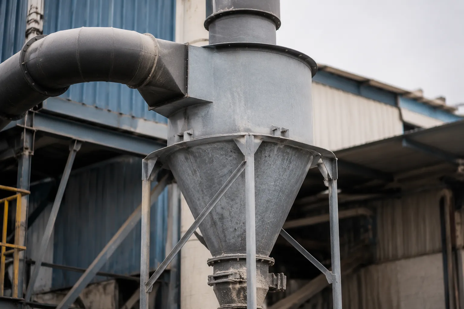Cyclone dust collector using centrifugal force to separate coarse industrial dust.