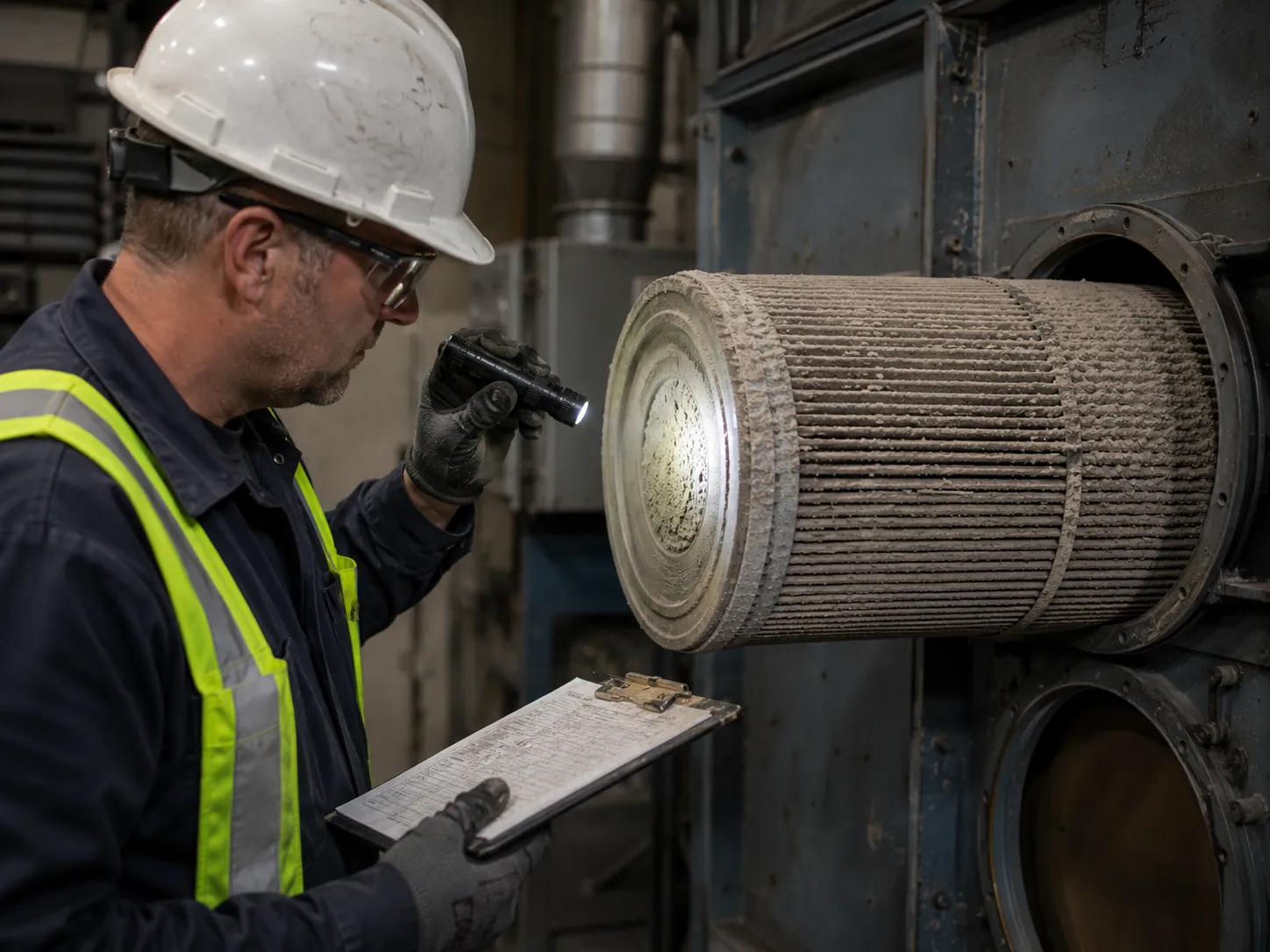 Technician inspecting a dust collector filter cartridge during routine maintenance.