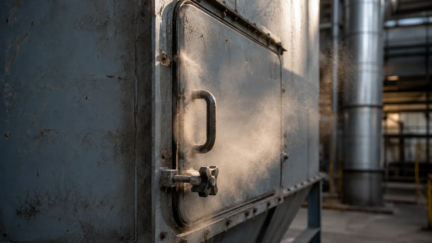 Dust escaping from a worn access door seal on an industrial dust collector.