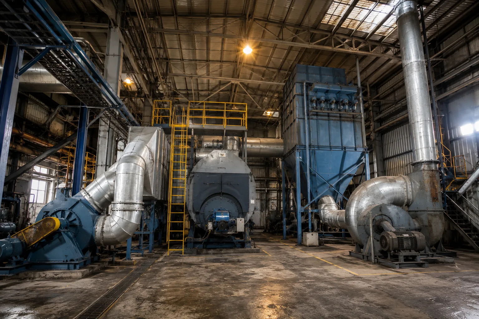 Balanced draft boiler system showing FD fan and ID fan working together with dust collector and exhaust stack.