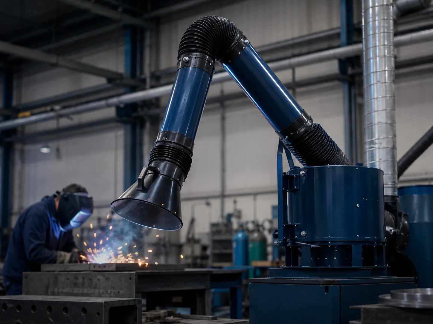 Fume extraction arm capturing welding smoke, system by Airvent Systems