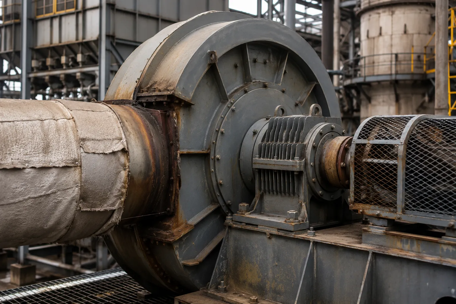 Induced draft ID fan extracting hot flue gas from a boiler exhaust system near a dust collector.