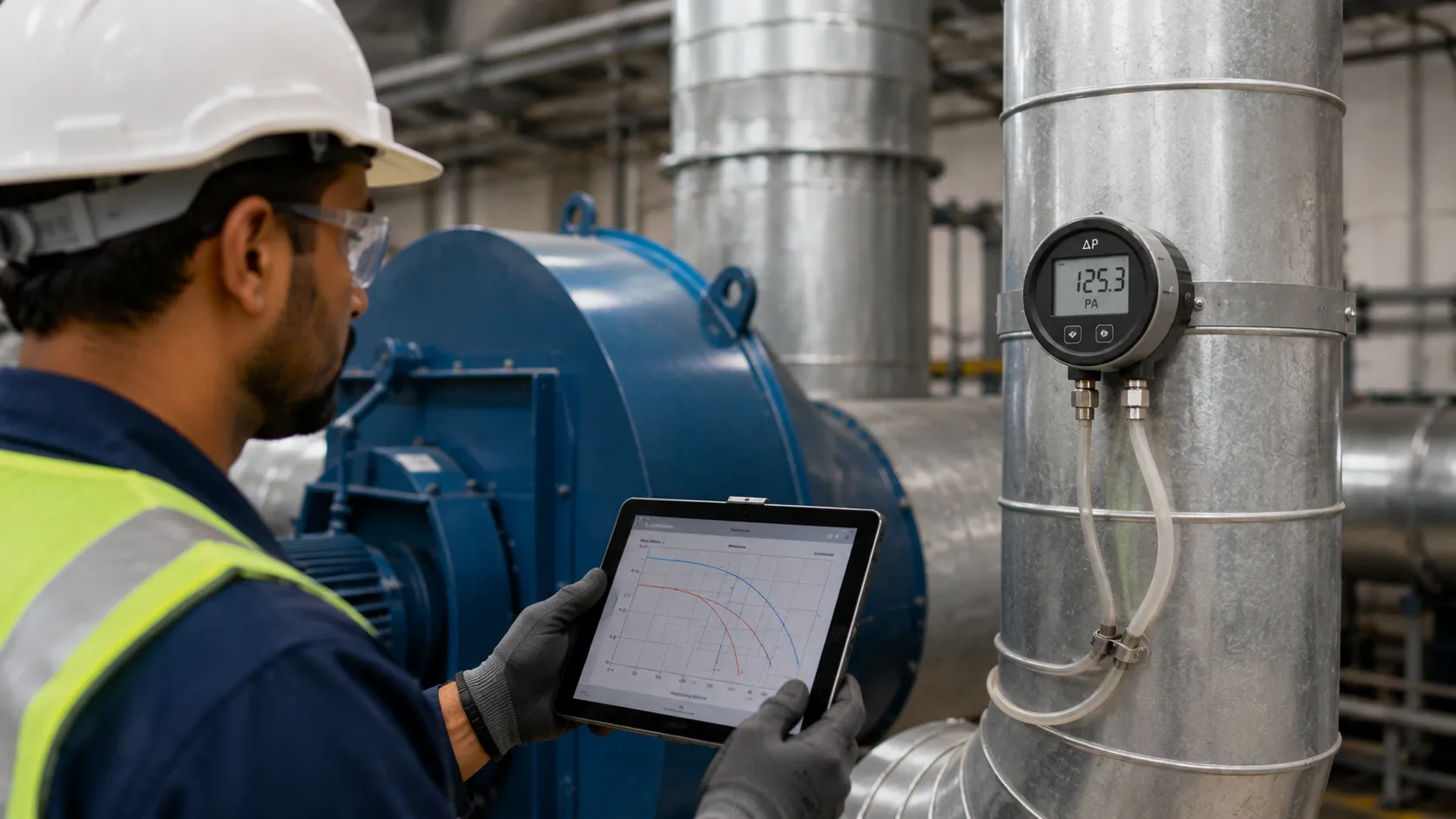 Technician measuring static pressure to calculate industrial blower CFM requirements.