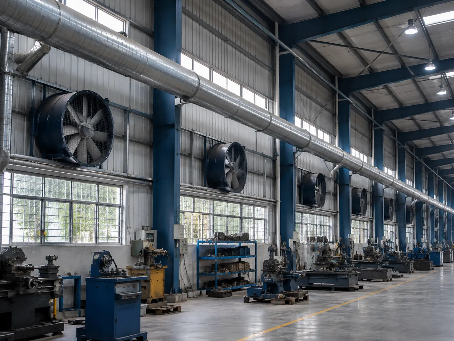 Industrial ventilation ducting and fans installed on a factory floor by Airvent Systems