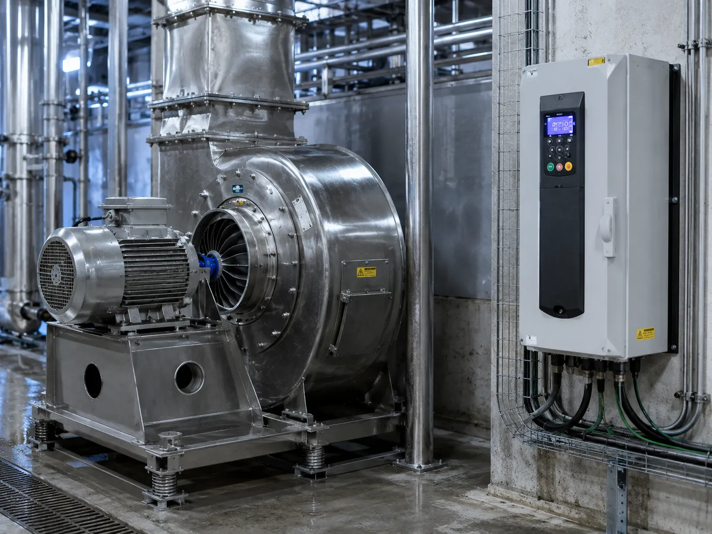 Stainless steel industrial blower with variable frequency drive for energy-efficient operation.