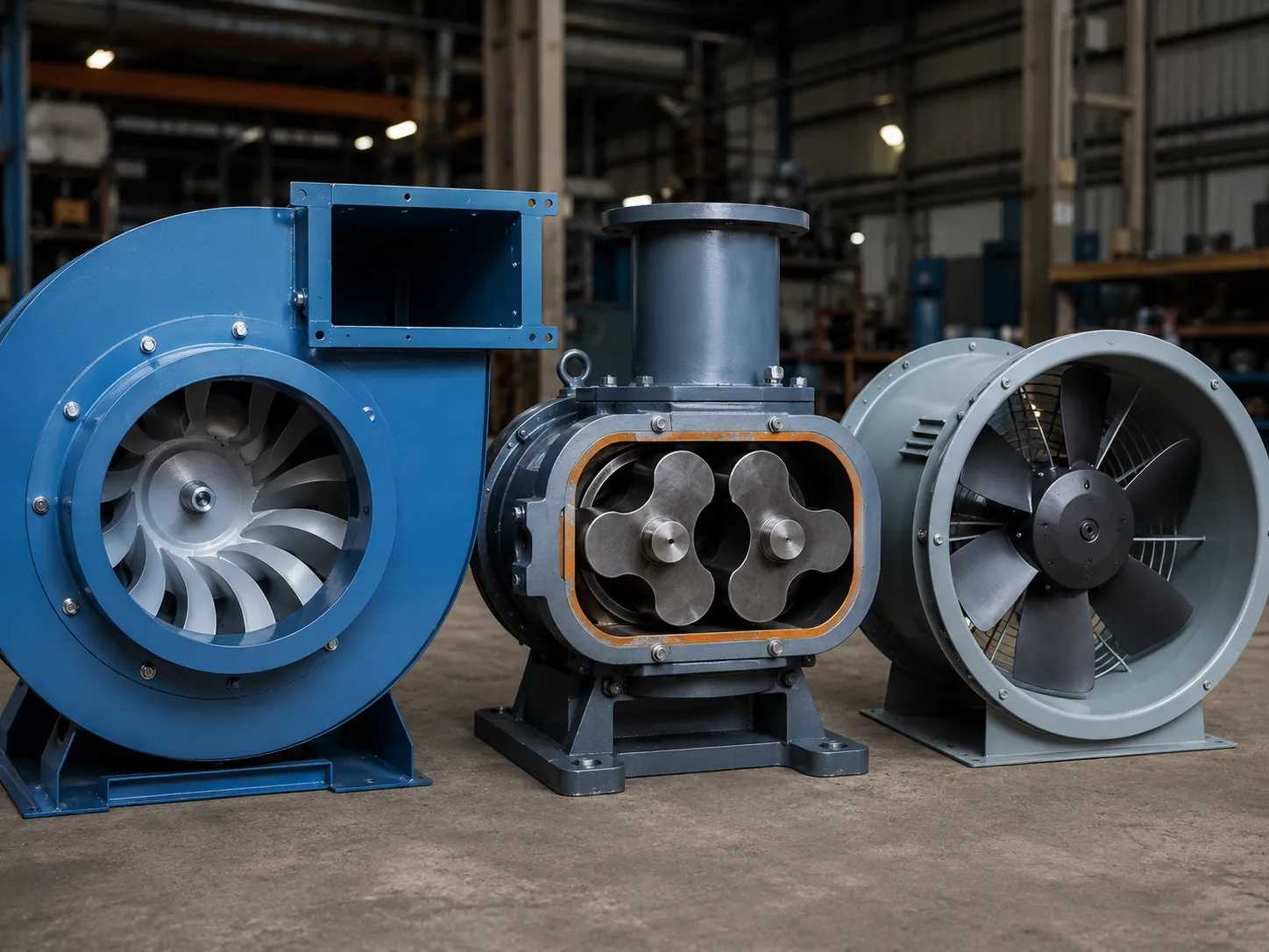 Comparison of centrifugal, positive displacement, and axial industrial blower types.