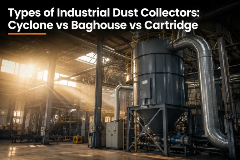 Types of industrial dust collectors compared — cyclone, baghouse and cartridge systems in an industrial plant