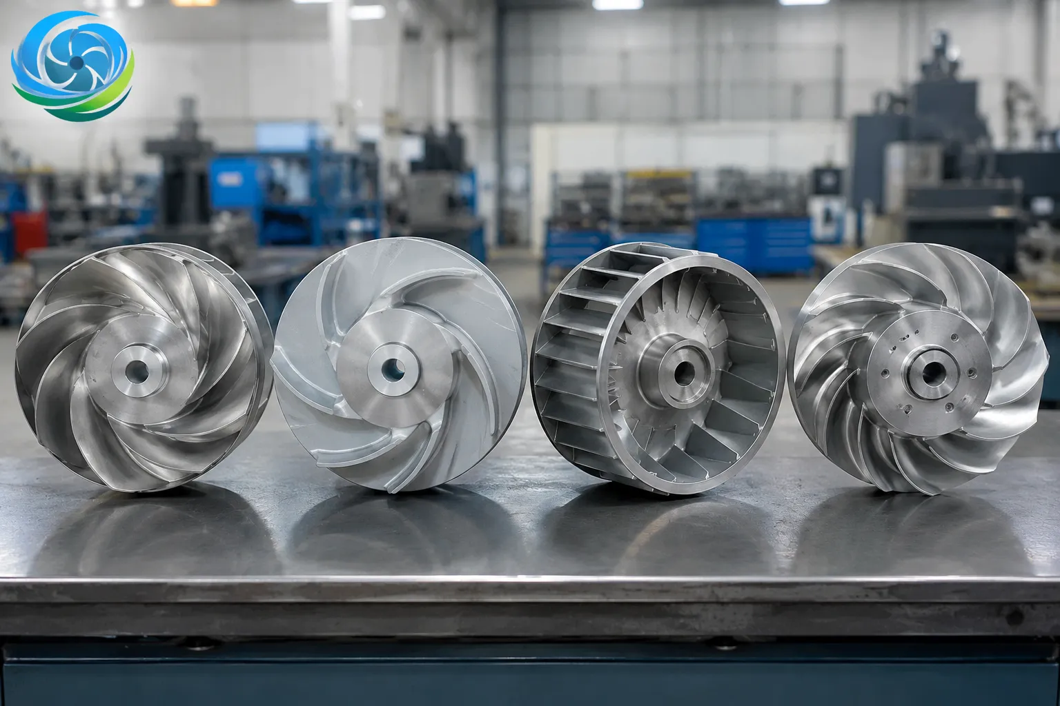Four centrifugal blower blade types — backward curved, forward curved, radial and aerofoil impeller.