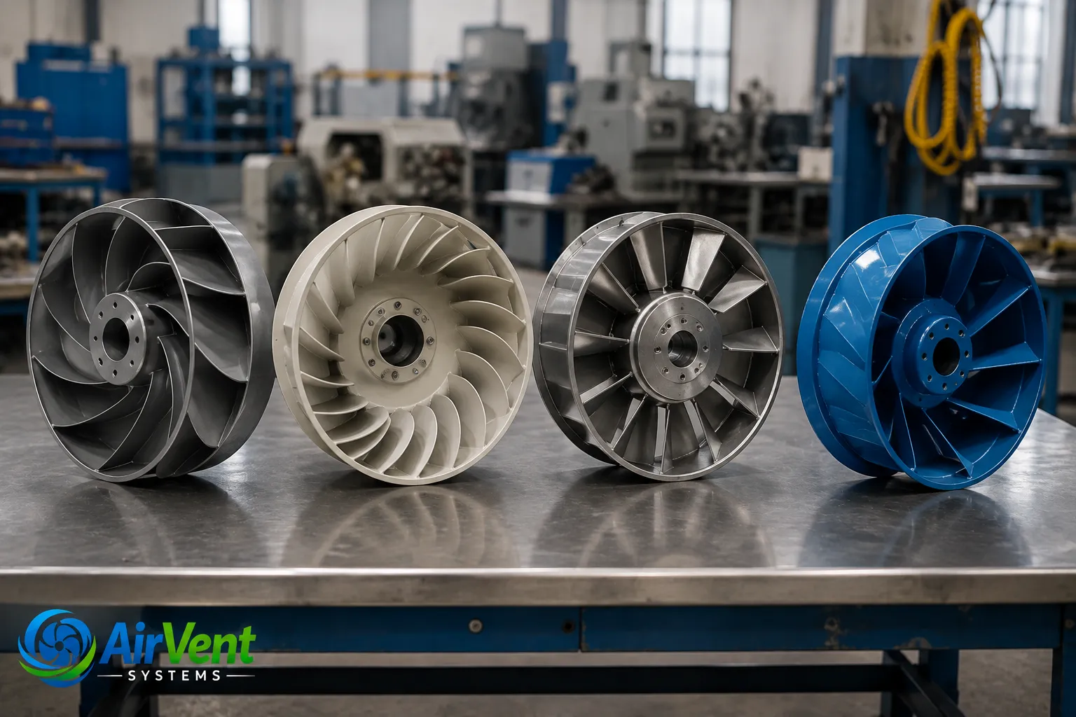 Centrifugal blower impeller types — backward curved, forward curved, radial and aerofoil blades.