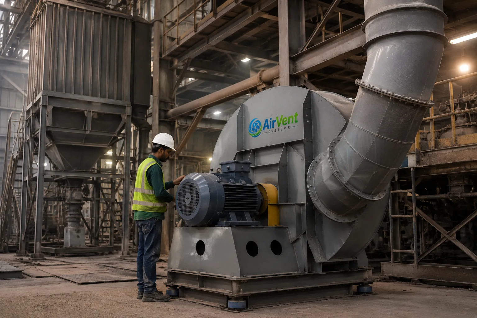 Centrifugal blower installed at a cement and foundry plant for combustion air and dust collection.