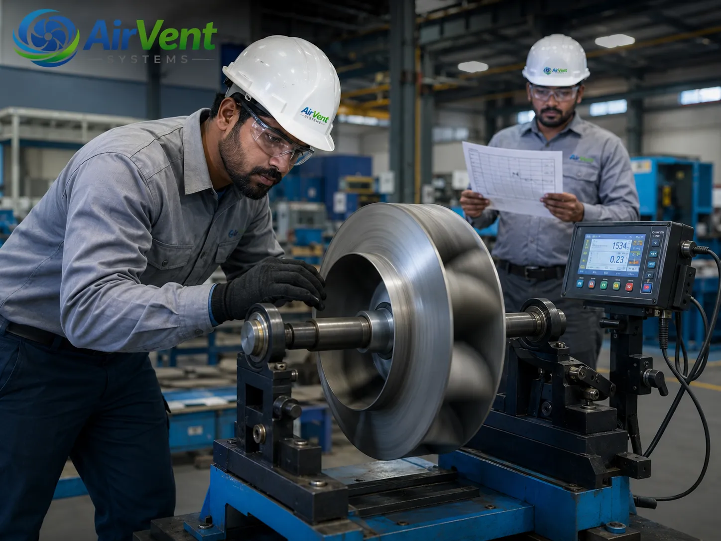 Quality engineer inspecting centrifugal blower impeller on dynamic balancing machine at manufacturer facility.