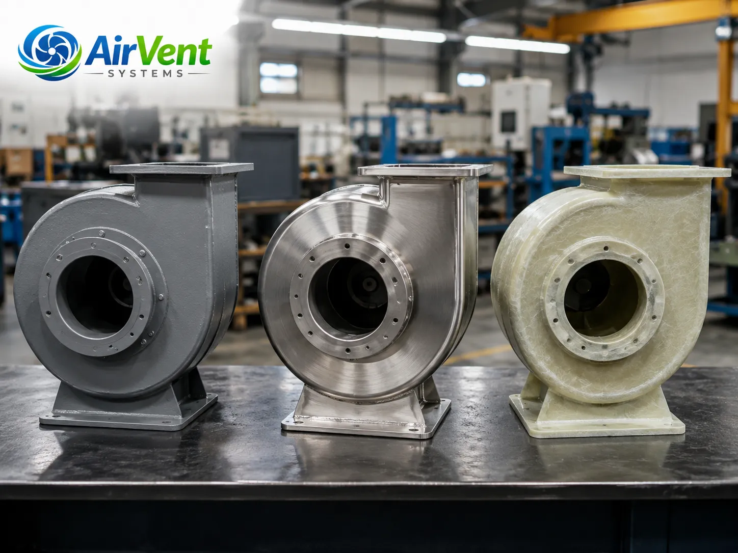 Centrifugal blower casing material comparison — mild steel MS, stainless steel SS and FRP construction.