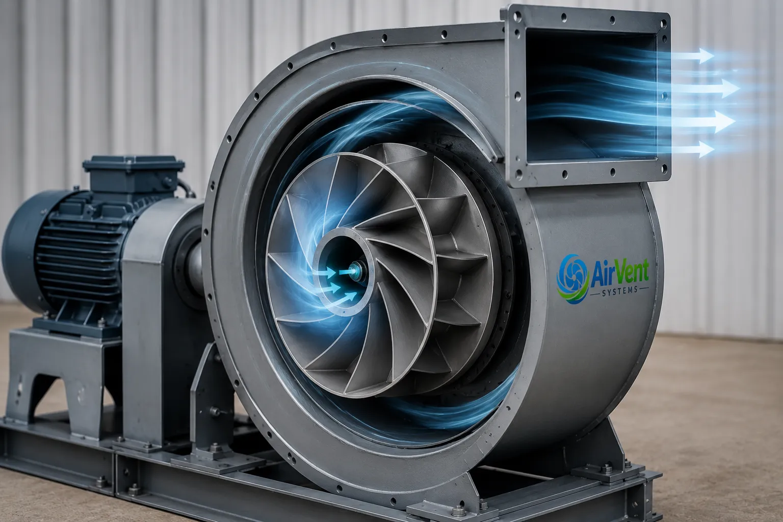 Centrifugal blower working principle showing impeller airflow from eye to discharge outlet.
