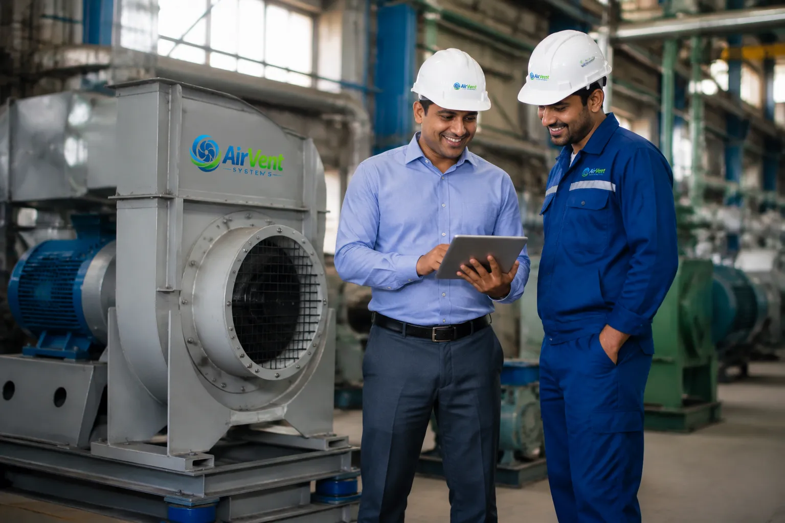 Engineer consulting with an industrial blower manufacturer to select the right equipment.