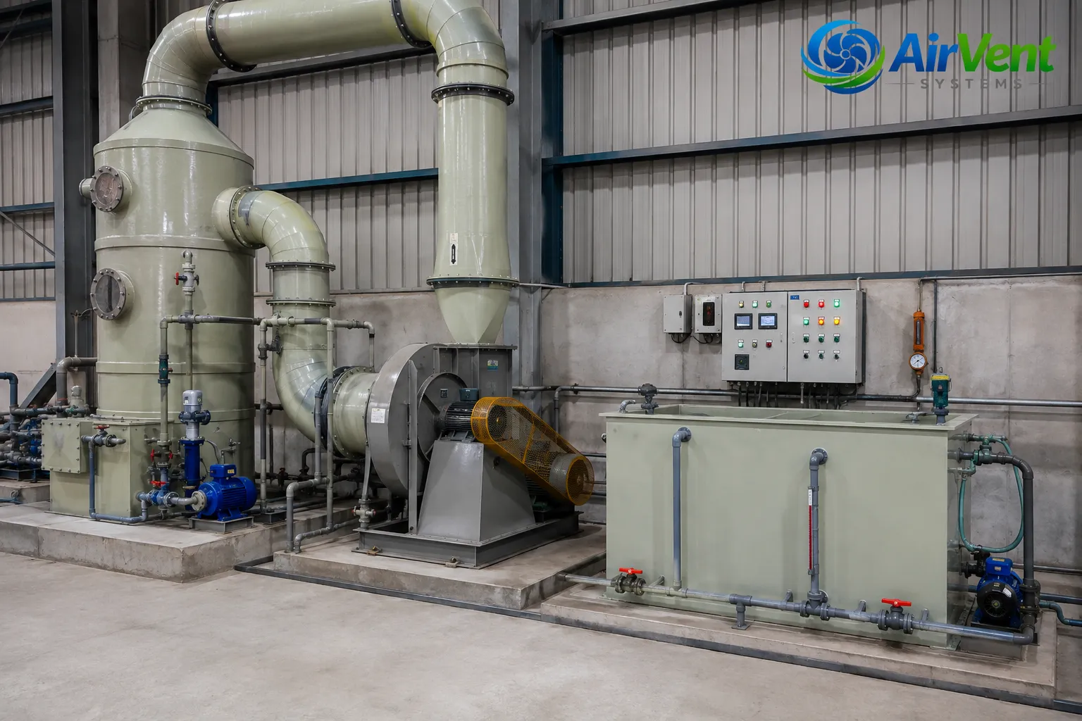 Complete wet scrubber system with ID fan, circulation pump and effluent sump installed at Indian plant.