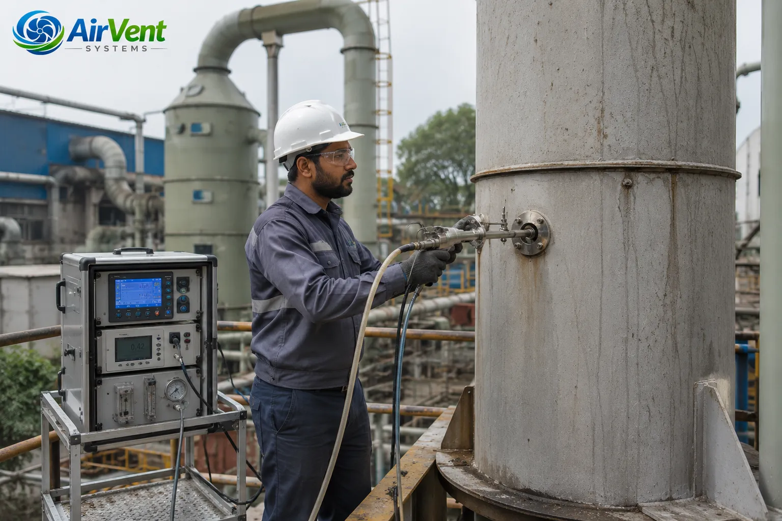 CPCB stack emission test being conducted at an industrial plant with wet scrubber system installed.