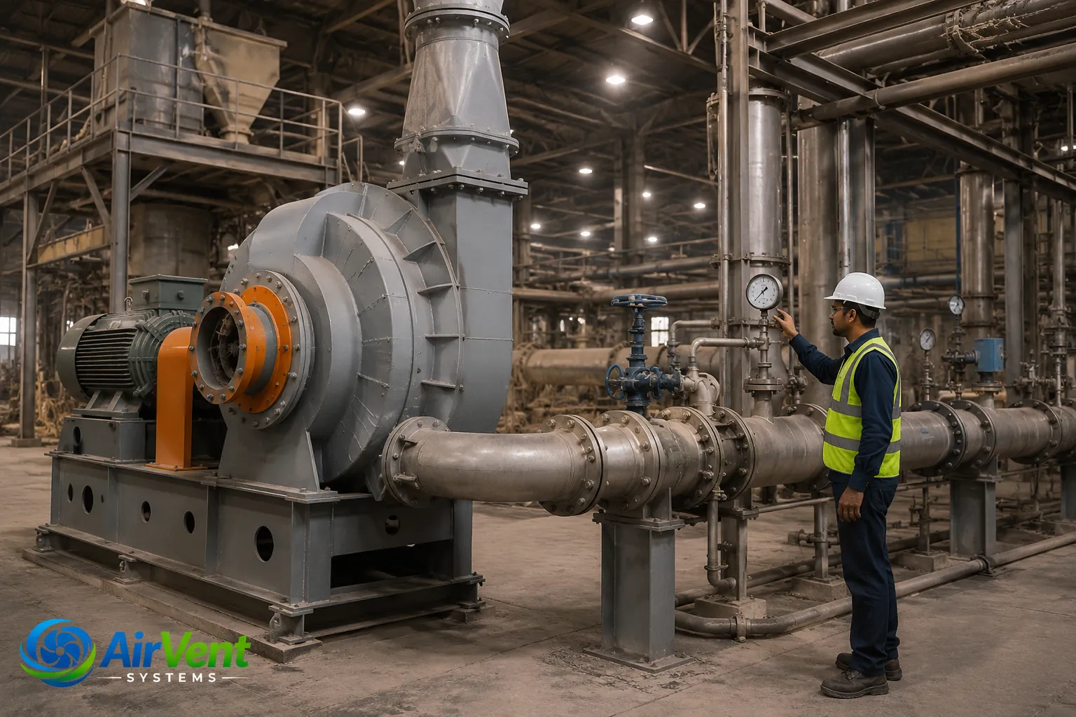 High pressure blower installed for pneumatic conveying in a cement and chemical plan.