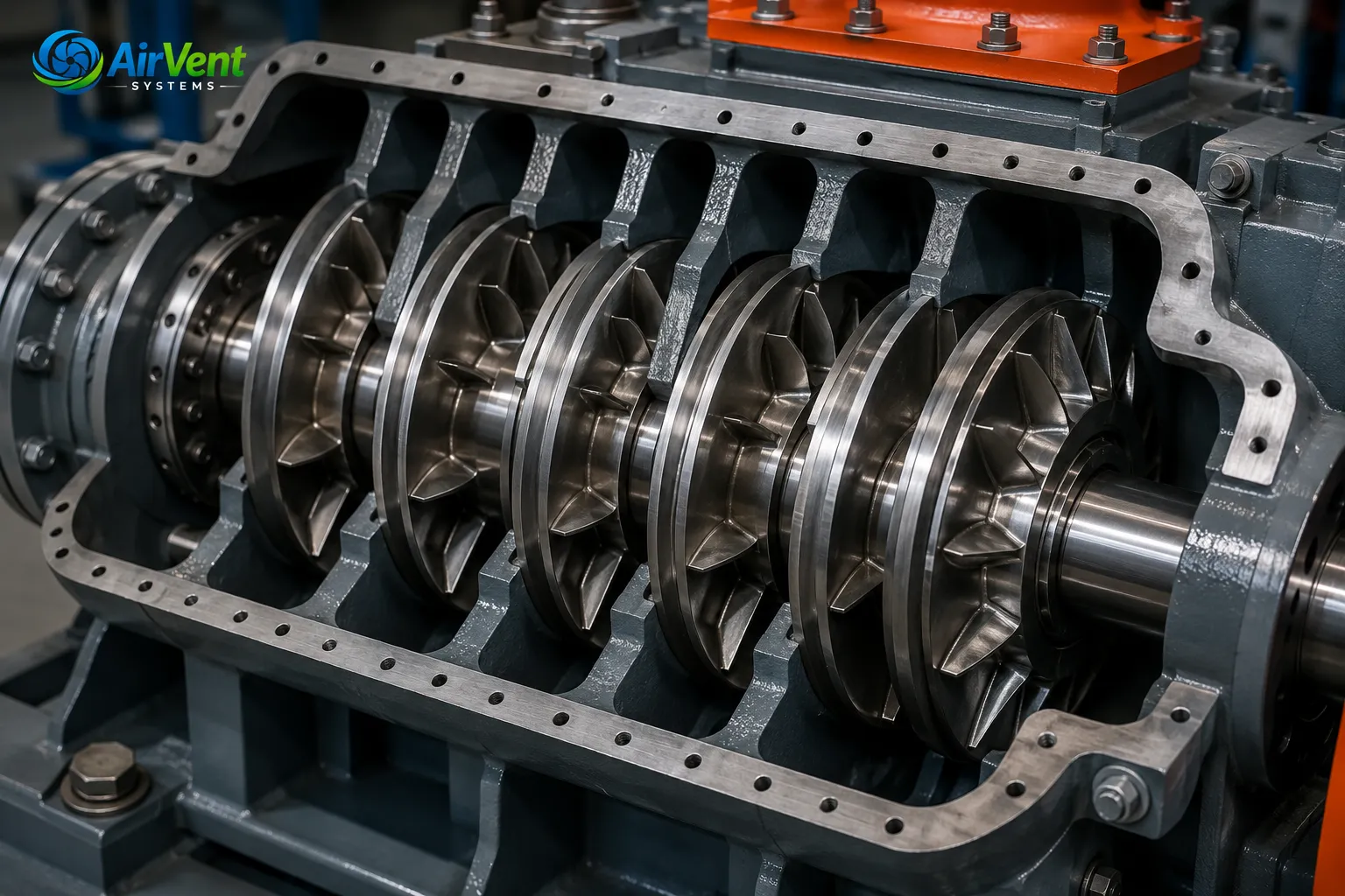 Multi-stage high pressure centrifugal blower with multiple impeller stages for dense phase conveying.