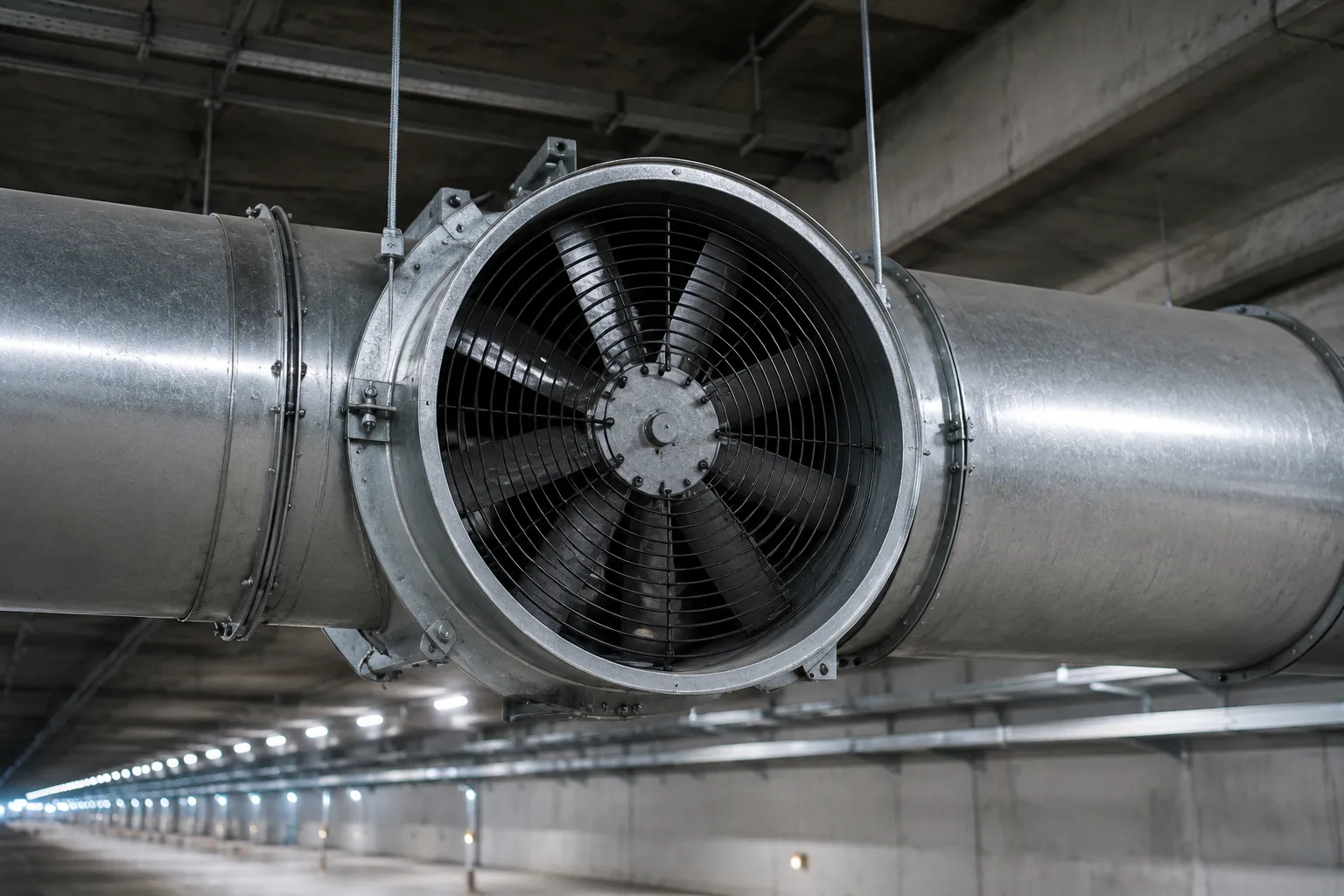 Tube axial fan installed for general industrial ventilation and exhaust.