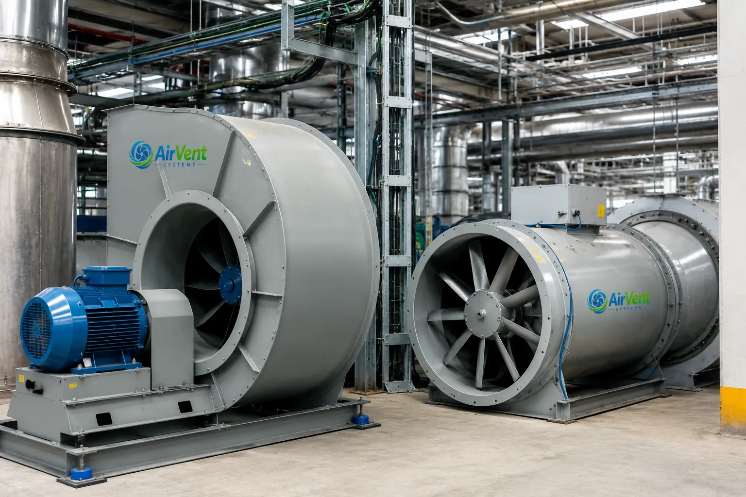 Types of industrial blowers including centrifugal and axial models used across industries.