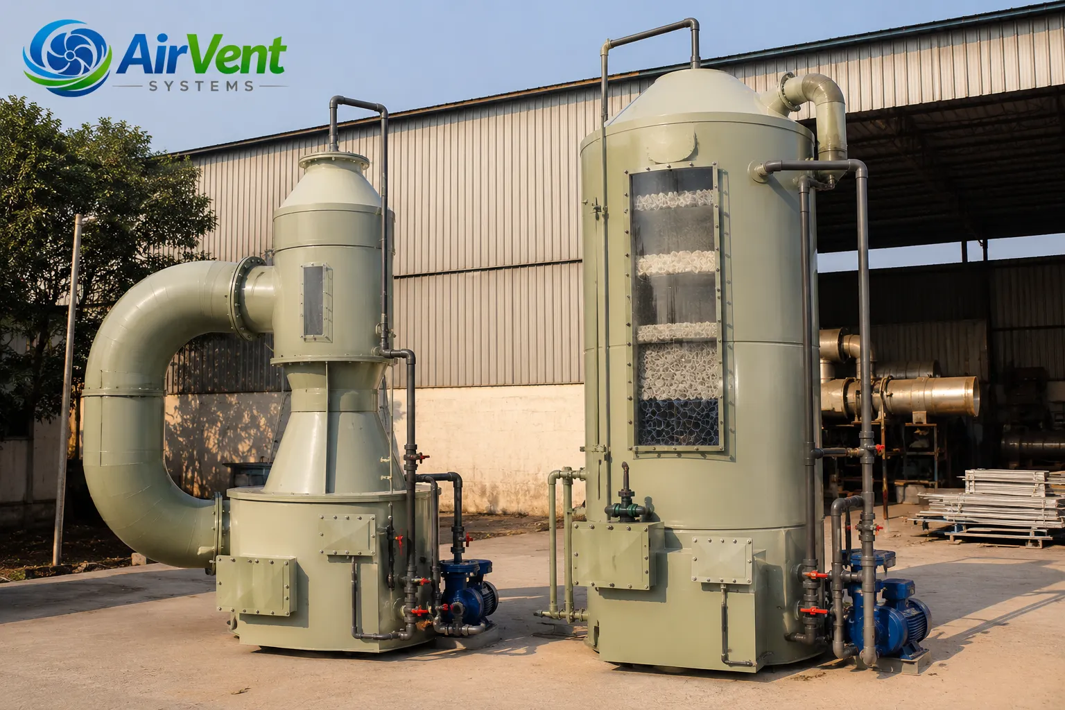 Venturi scrubber vs packed bed scrubber side by side — wet scrubber type comparison for industrial use.